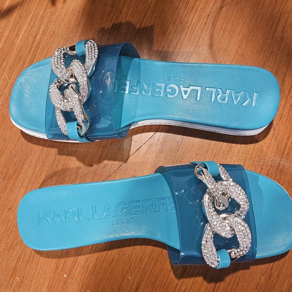 Karl Lagerfeld Jazelle Rhinestone Chain Slides Blue Sz 9.5 - Picture 10 of 11